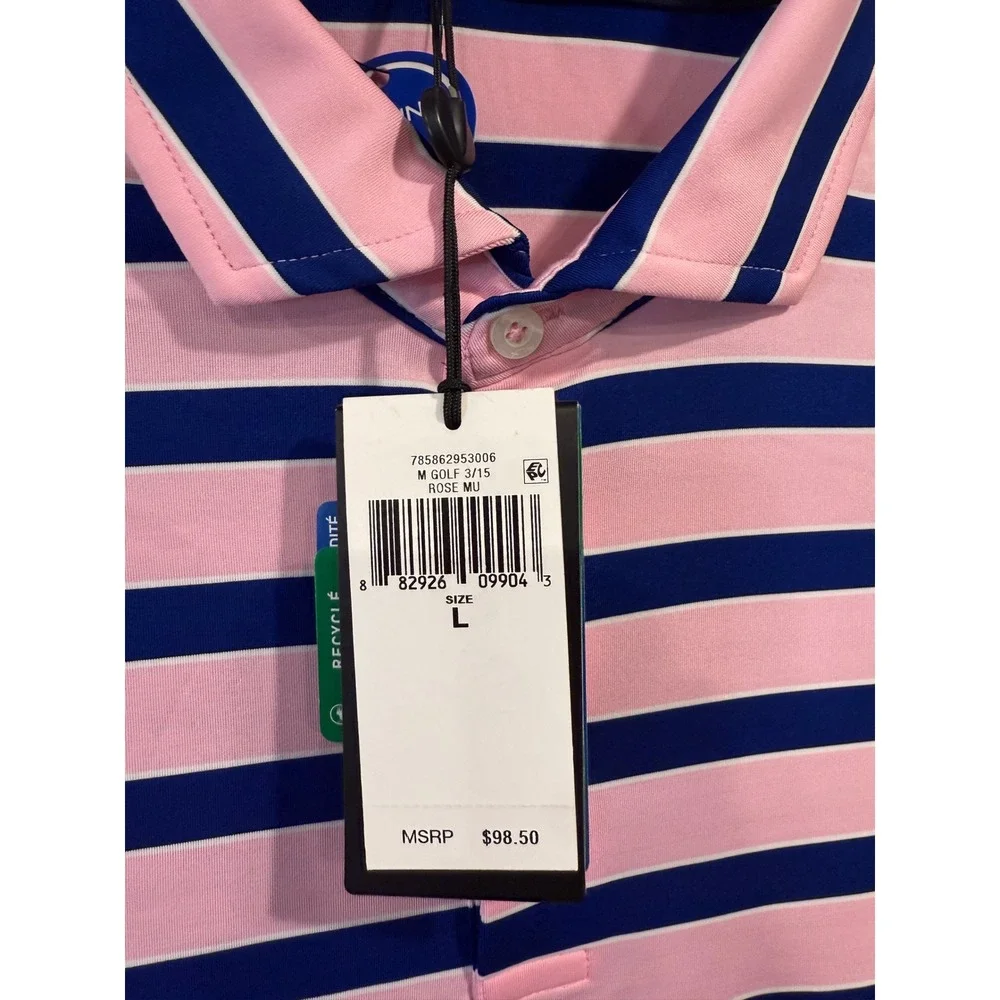 RLX Ralph Lauren Mens Pink Navy Striped Golf Polo Shirt L 785862953006‎ NEW